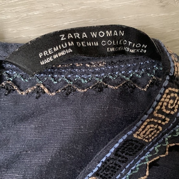 Zara Denim Peasant Embroidered Floral Linen Blend Top Blouse Size Xs - Picture 12 of 14